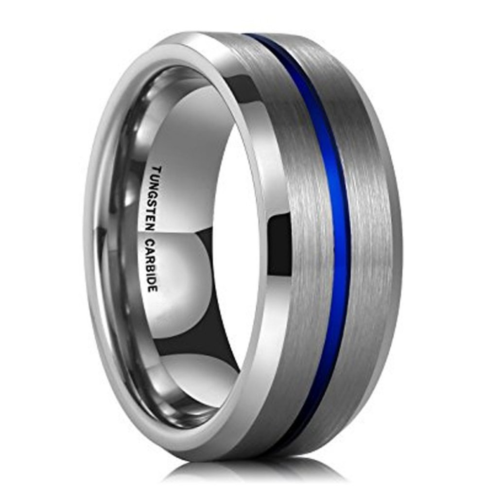 Mens Tungsten Wedding Band (8mm). Silver Matte Finish w/ Blue Line Tungsten Ring